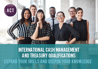 Image of smiling team with the text: International cash management and treasury qualifications - expand your skills and deepen your knowledge