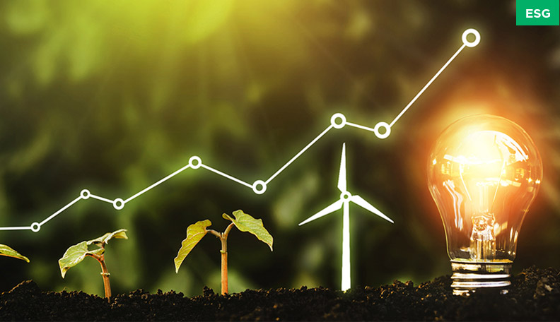 a line graph above seedlings, a turbine and a light bulb in soil