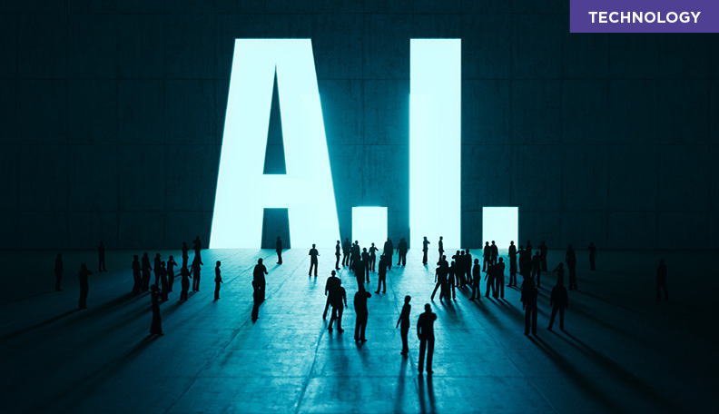 AI in big letters with little people around the base