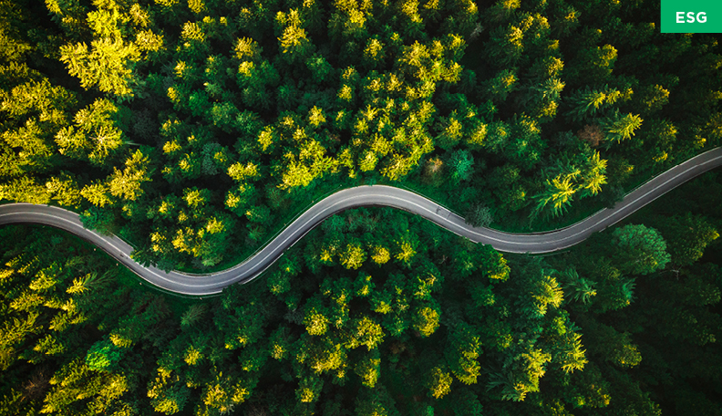 Aerial drone view of curved winding road