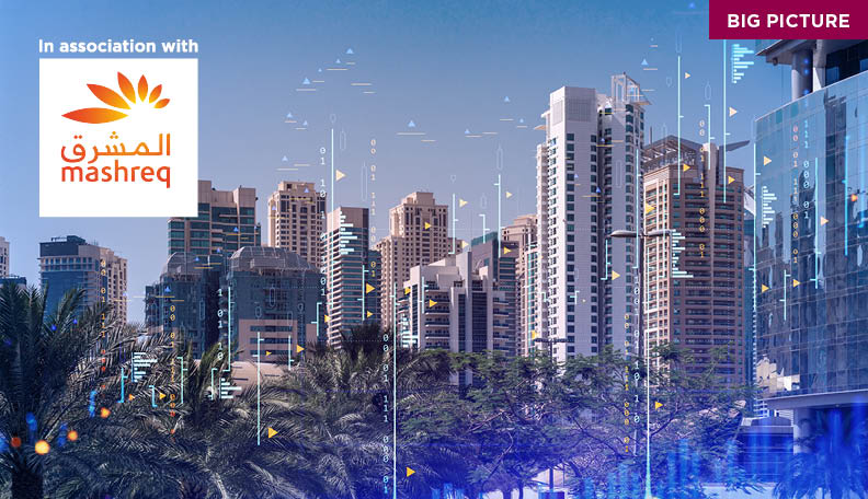 Panoramic view of steel and glass skyscrapers of Dubai Marina. Modern cityscape of the capital of the UAE. Financial services hub. FOREX graph and chart concept