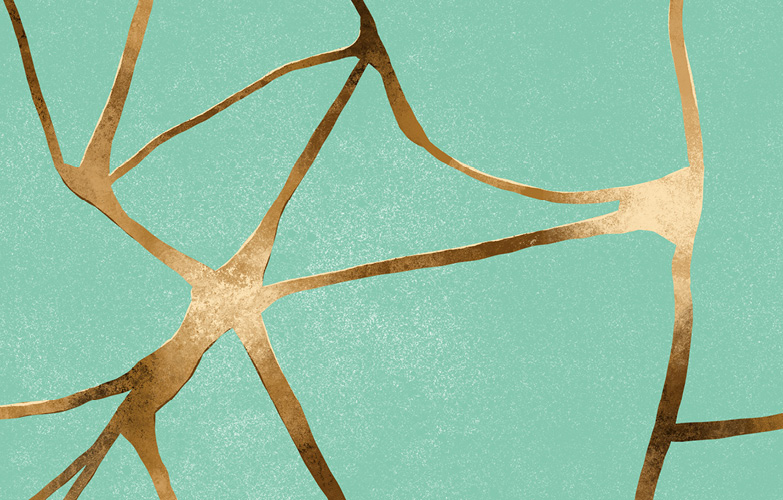 gold branches reaching over blue background