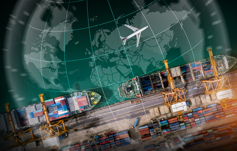 plane over cargo ships map 