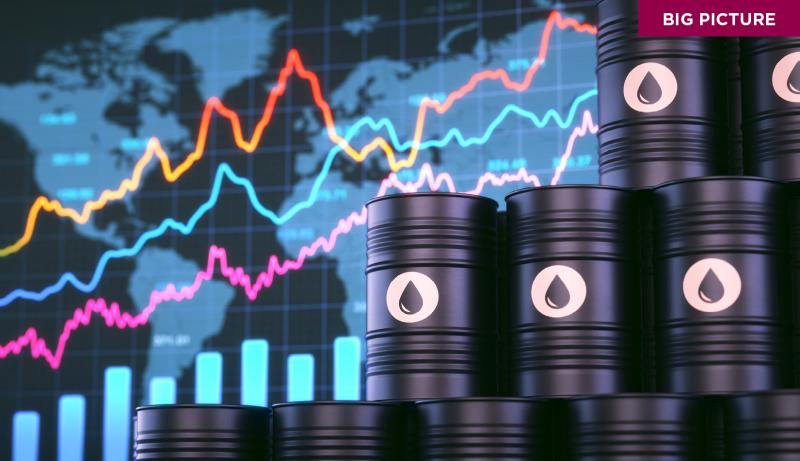stock market table with oil barrels 