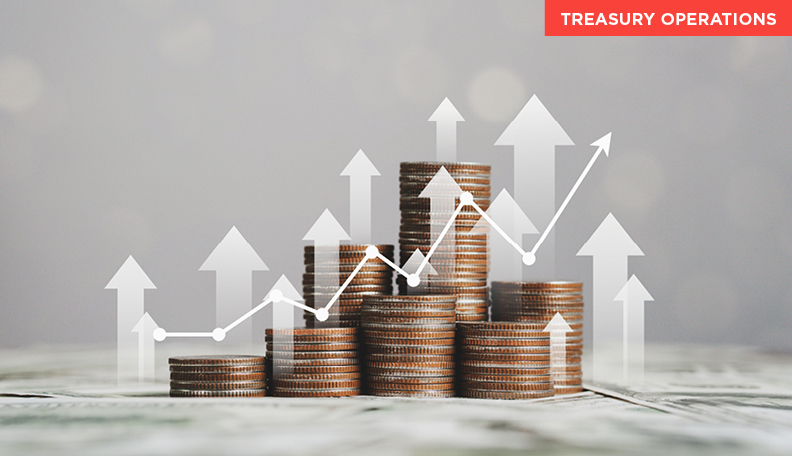 Coins with graphs showing upwards trend