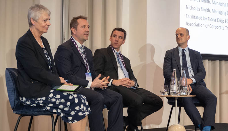 left to right Fiona Crisp, Retail Book’s Nicholas Smith, Lloyds Bank’s James Ranger and AIMA’s Nicholas Smith