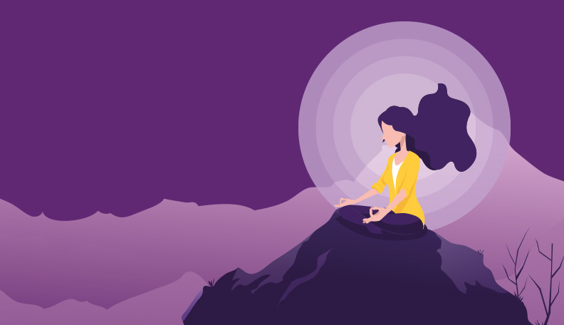 anxiety.jpg alt=”Purple illustration of a woman meditating on a rock”