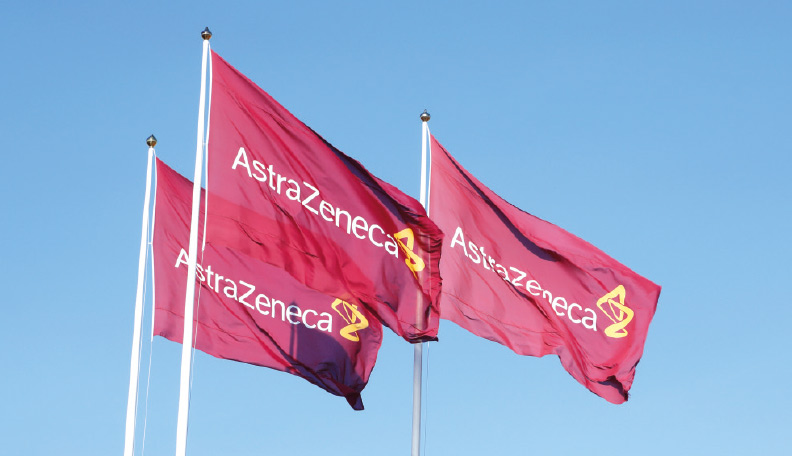 Image of three red AstraZeneca flags