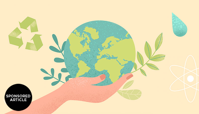 Illustration of a hand supporting a globe with sustainability symbols