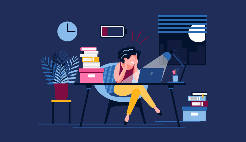 Illustration of a woman sitting at an office desk late at night