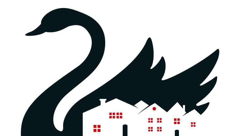 ] carolinestockmann.jpg alt=”Illustration of a black swan overshadowing a group of buildings”