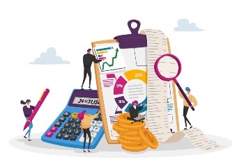 Illustration showing tiny accountant characters around a huge clip board filling bookkeeping graphs and charts 