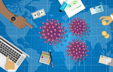 Image of hands moving counters around a world map with covid symbols and a laptop