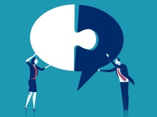 Illustration of two people holding up one side each of a speech bubble, connecting them together