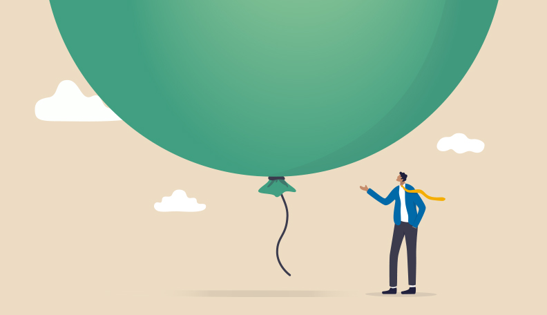 Illustration of a man standing beneath a giant, green balloon