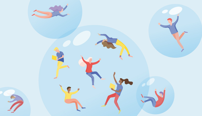 Illustration of floating bubbles filled with people