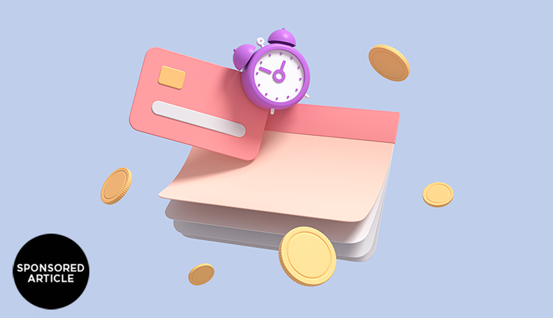 Image of a notebook, bank card, alarm clock and coins