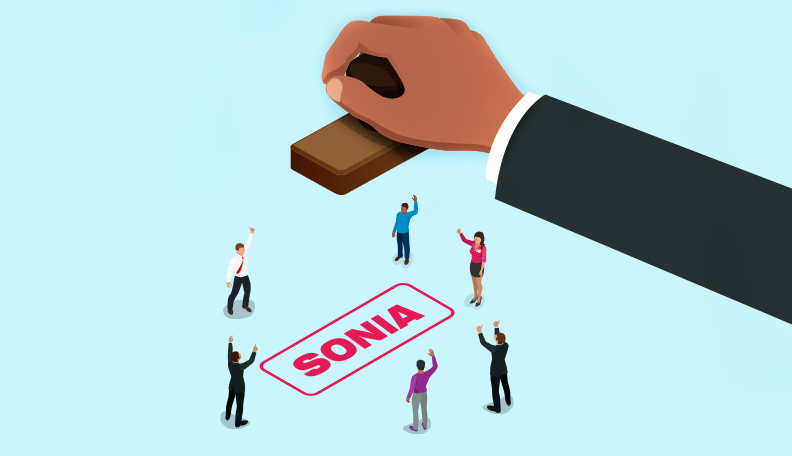 Illustration of a giant hand stamping the word ‘SONIA’ amongst a group of smaller people