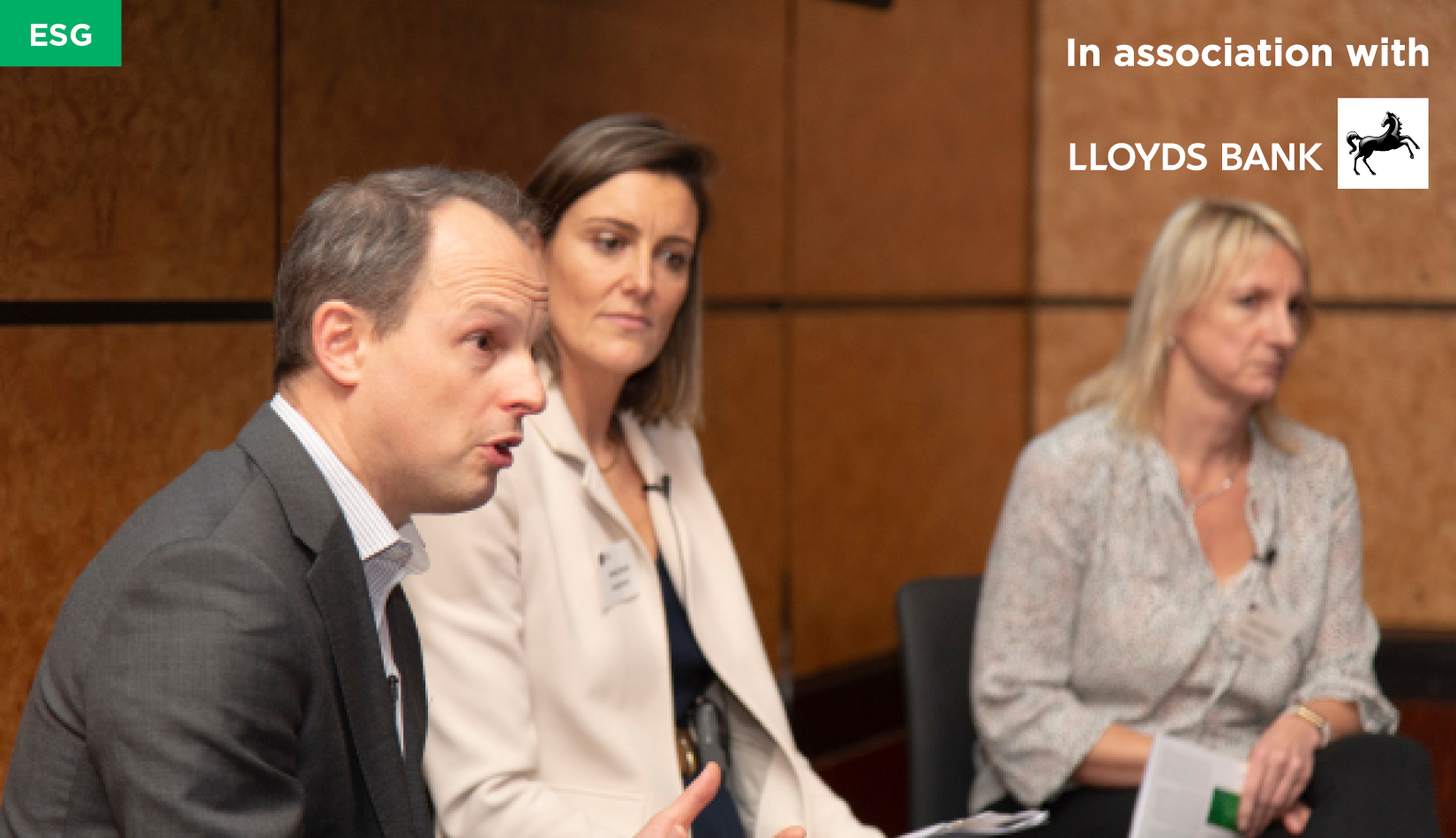 Bekir Andrews, of Wates, with Emily Martin, of Lloyds, and Arijana Vanstone, of Wates, during sustainability panel at Treasury Forum