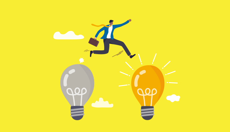 Illustration of a businessman leaping from a dull light bulb to a bright one