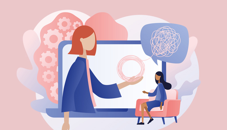 mentalhealth.jpg alt=”Illustration two people conversing in front of a large screen, one with a tidily rolled ball of string in her hand”