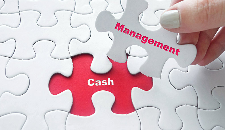 Image of a hand picking up a white jigsaw piece with ‘Management’ printed on it, leaving a red space with ‘Cash’ printed on it