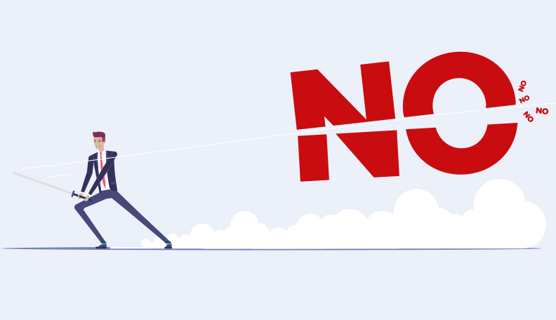 Illustration of a businessman slashing the word ‘no’ in two with a sword