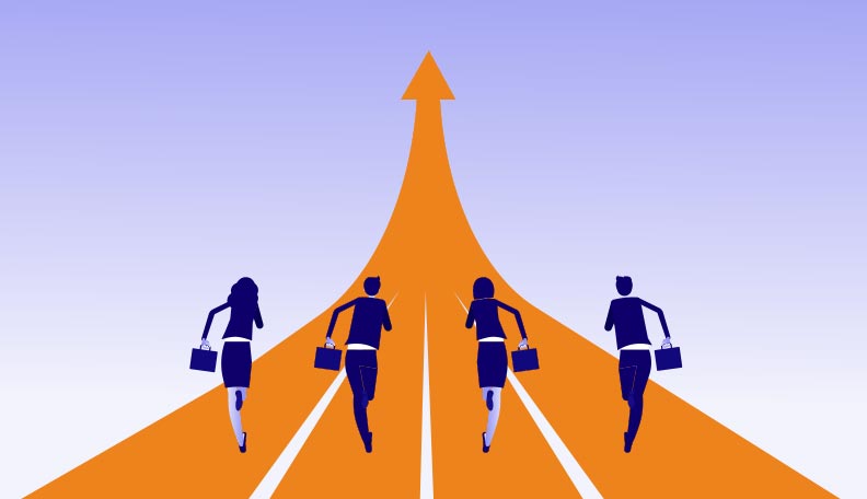 Illustration of four businesspeople in a running race on an orange track with an arrow pointing up