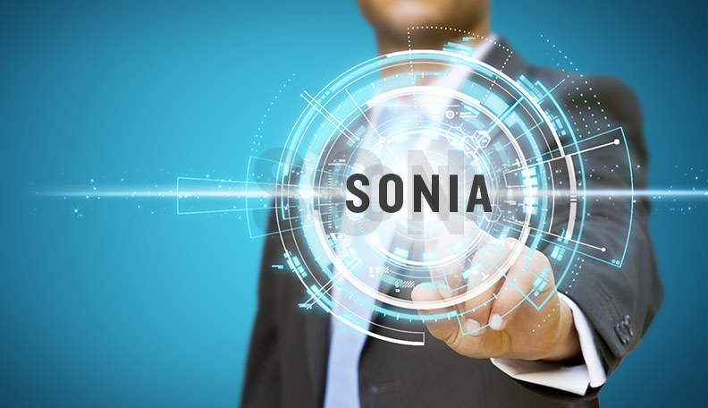 Image of a businessman reaching out to a digitised icon with the word SONIA