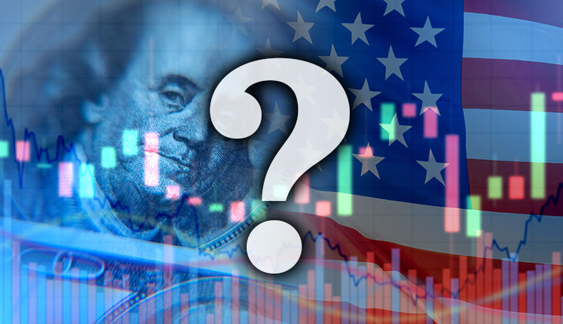 Illustration of US currency, flag and graphs with a big question mark in the foreground