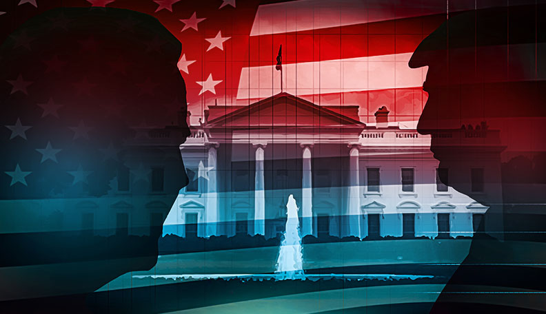 Image of the White House and US flag, with silhouettes of Joe Biden and Donald Trump