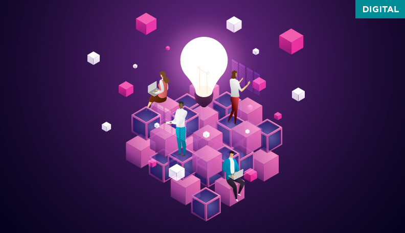 Illustration of oOffice workers among pink and blue blocks around a giant light bulb