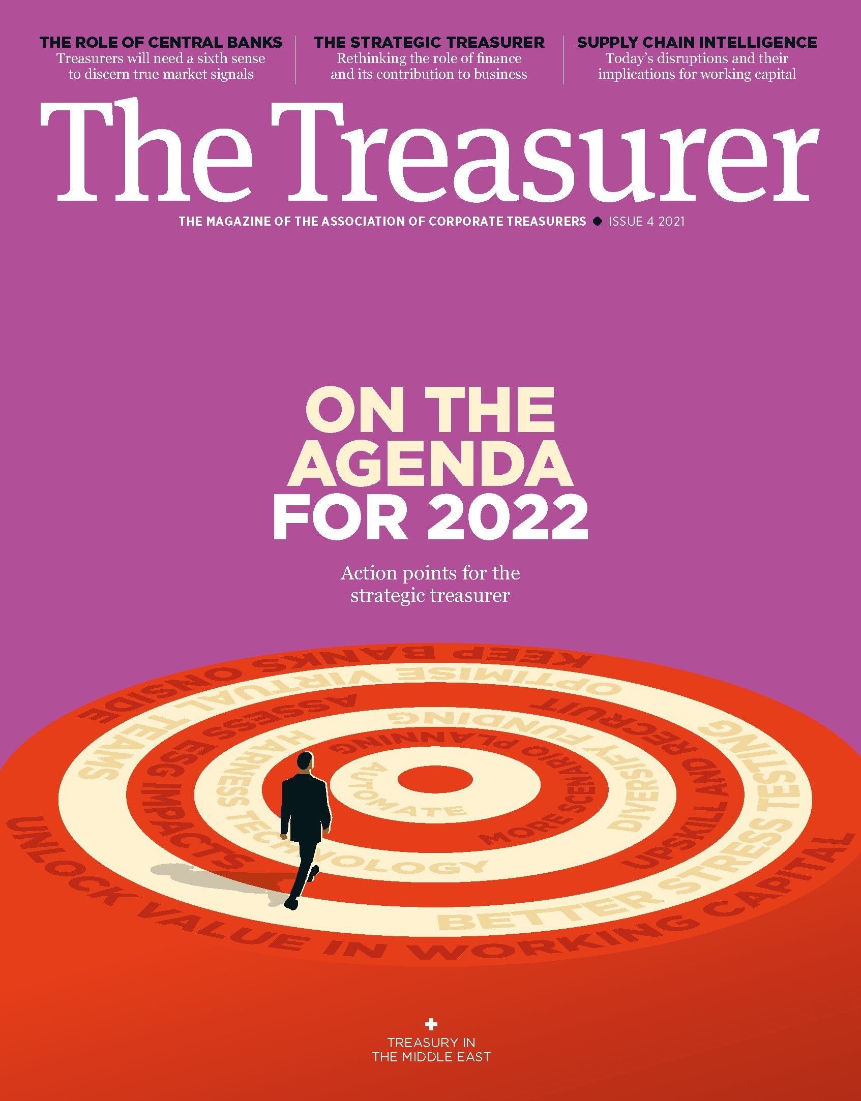 Cover of The Treasurer magazine with image of treasurer standing on target and the headline Agenda for 2022