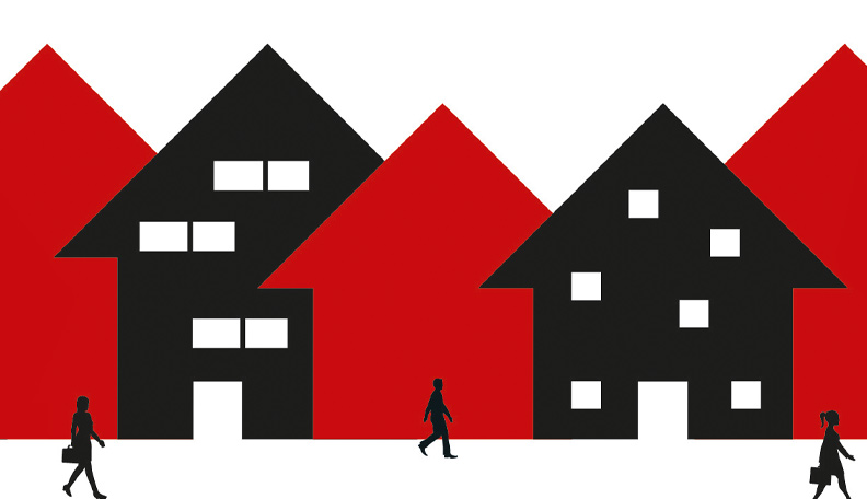 Illustration of red and black buildings with people walking in the foreground