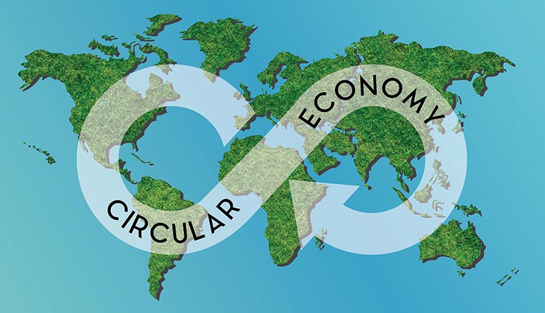 Illustration of a map of the world, with the words ‘circular economy’ on top of it