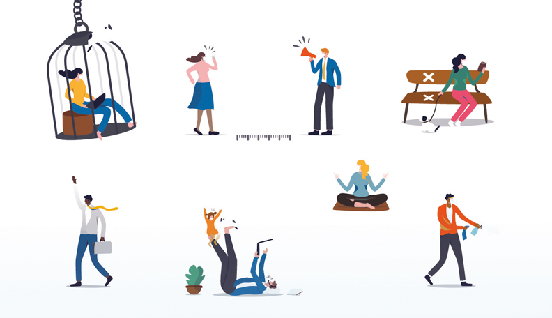 Illustration of a series of small images of people doing various activities