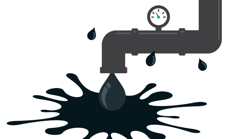 Illustration of a tap dripping oil that lands in the shape of a coronavirus image