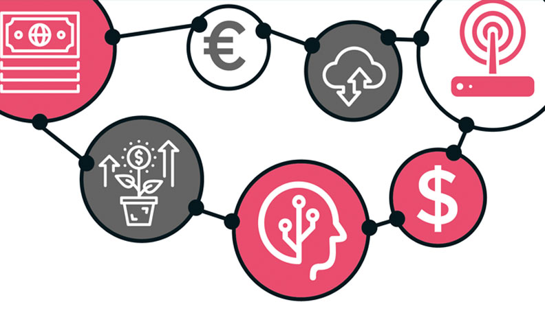 Illustration of finance symbols connected by lines