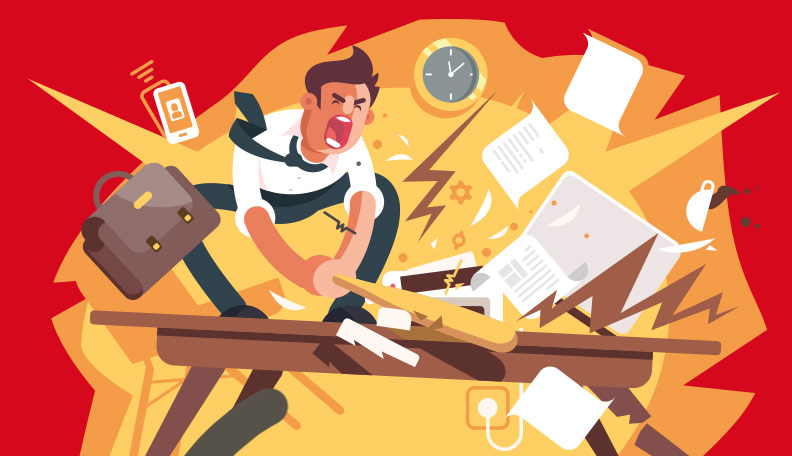 Illustration of enraged professional destroying his office