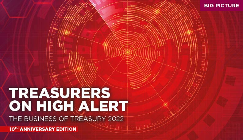 Image of the red front cover of The Business of Treasury 2022 report: ‘Treasurers on high alert’
