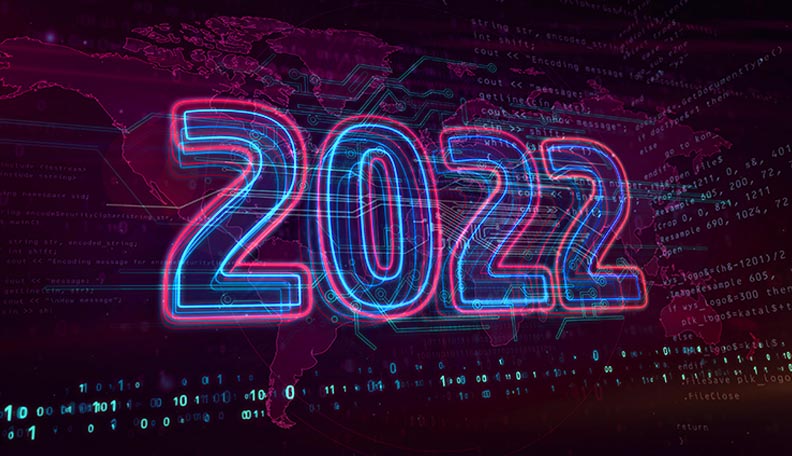 Illustration of ‘2022’ in neon lights in front of a digitised world map