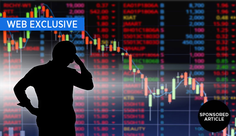 Illustration of a silhouette of a person with their hand on their head and computerised market charts around them