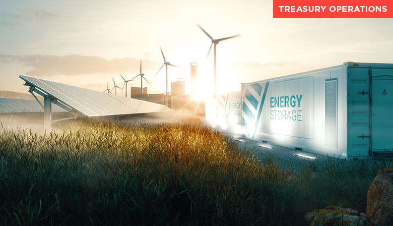 Image of solar panels, a windfarm and energy storage containers