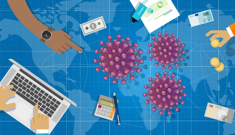 Image of hands moving counters around a world map with covid symbols and a laptop