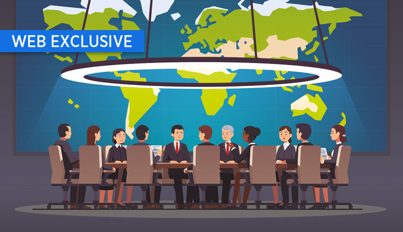 Illustration of a group of business people sitting around a table with a world map behind them