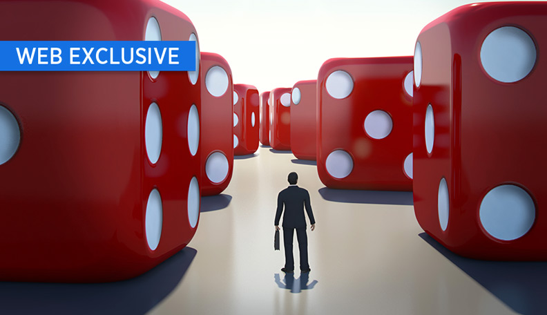 Illustration of a man walking between two rows of giant red dice