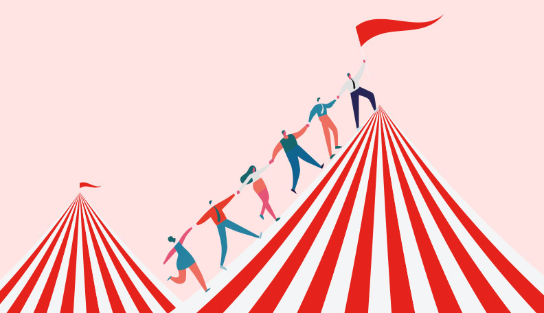 Illustration of people holding hands and climbing on top of a circus tent