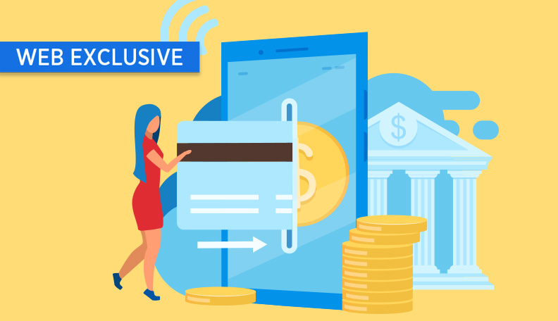 Illustration of a women inserting a giant credit card into a slot, with giant coins and a bank building around her