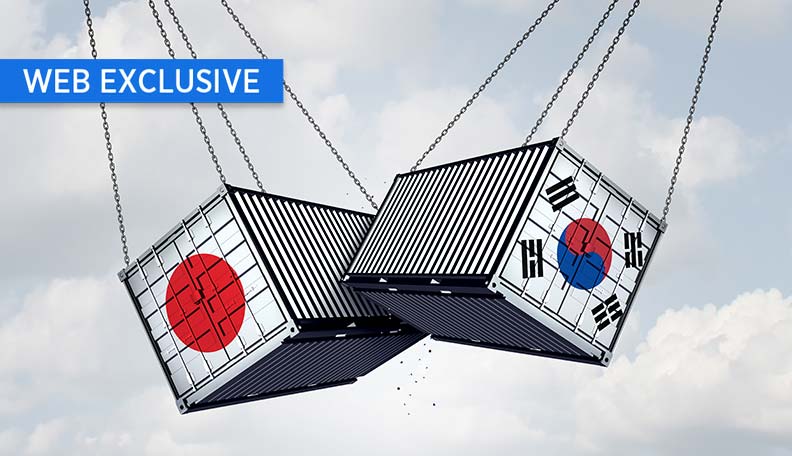 Image of two shipping containers (one with an image of the Japan flag on its side, the other with the South Korean flag) swinging in mid-air and crashing against the other