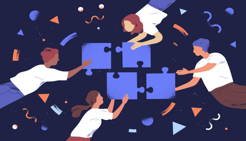 Illustration of four people joining jigsaw pieces together